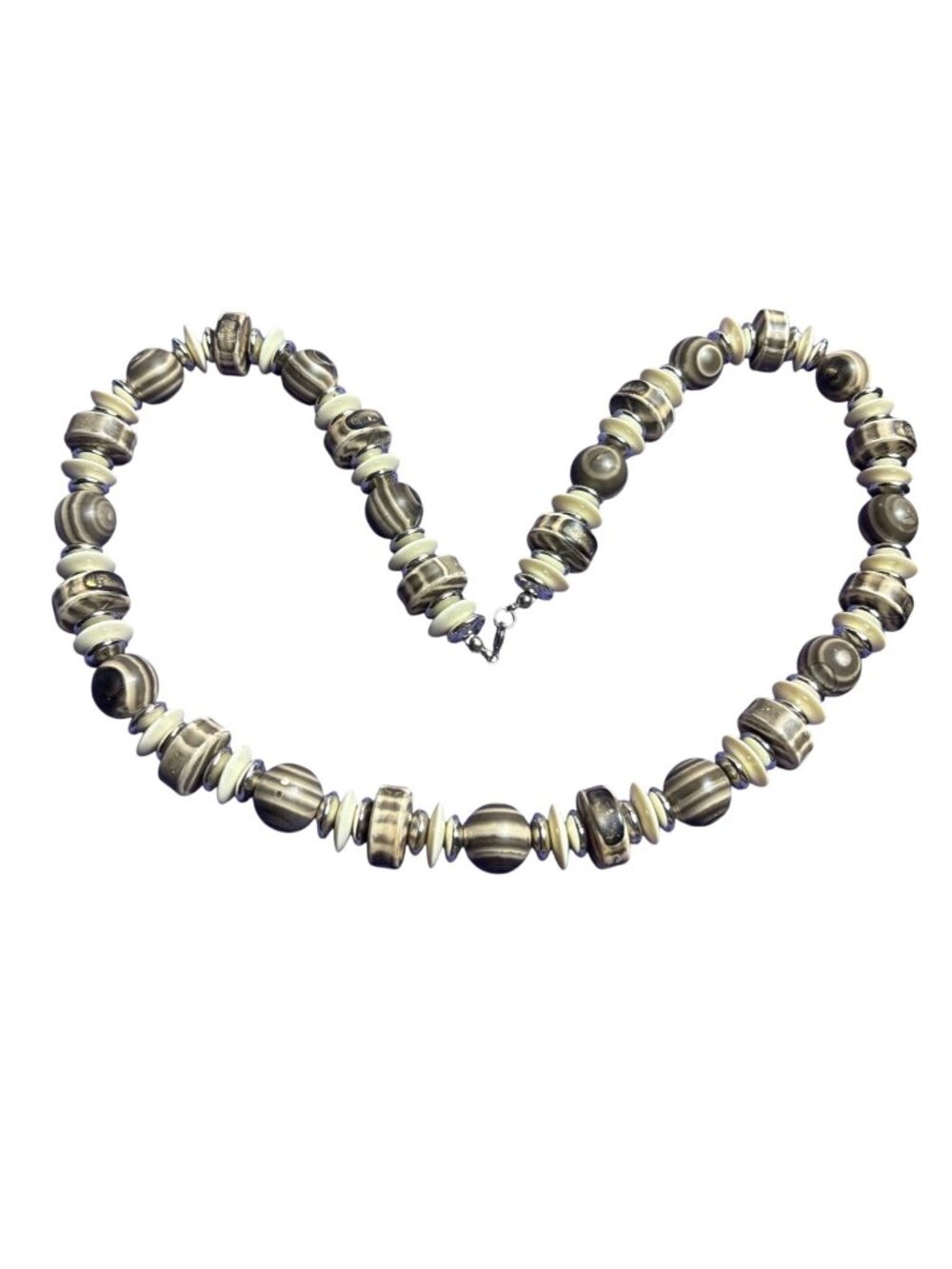 Vintage Plastic Faux Wooden Beaded Necklace Silvertone Spring Ring Clasp 24 inch